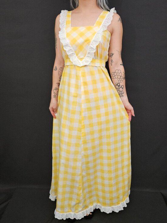 Vintage Dresses & Skirts - 60s/70s Yellow Gingham Ruffled Trim Maxi Dress